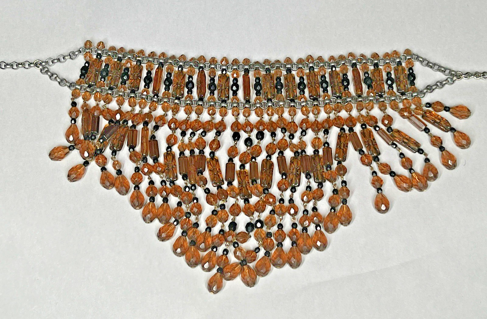 Vintage Amber Glass Beaded Choker Fringe Statement Necklace Collar Bib 15″-18”