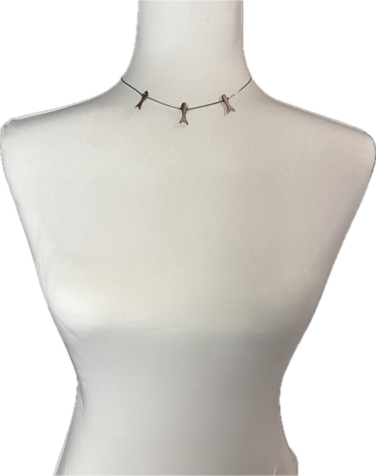 Vintage Liquid Silver & Fish Fetish Beaded Station Choker Necklace 15″