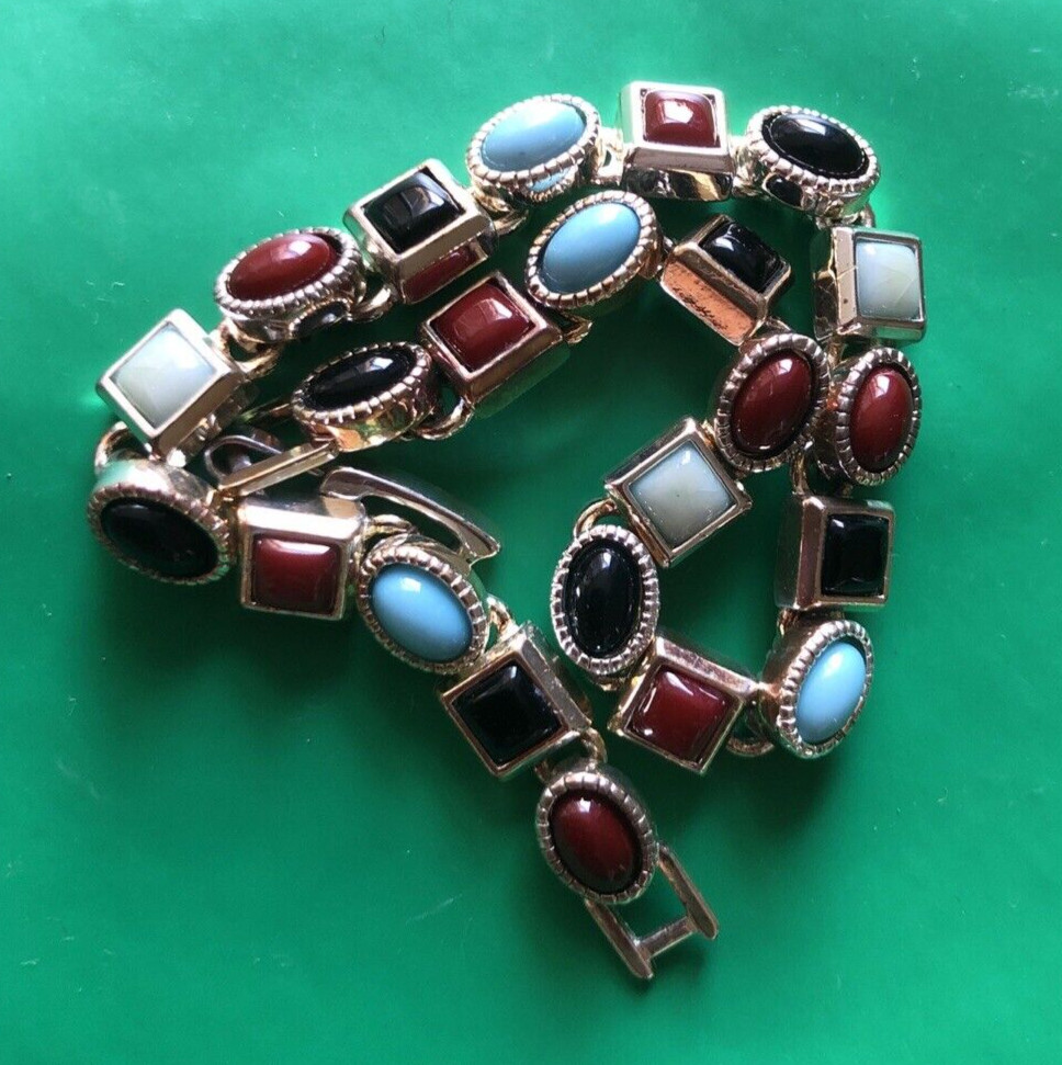 Bracelet jewelry Silver multicolor stones turquoise black red green 7”