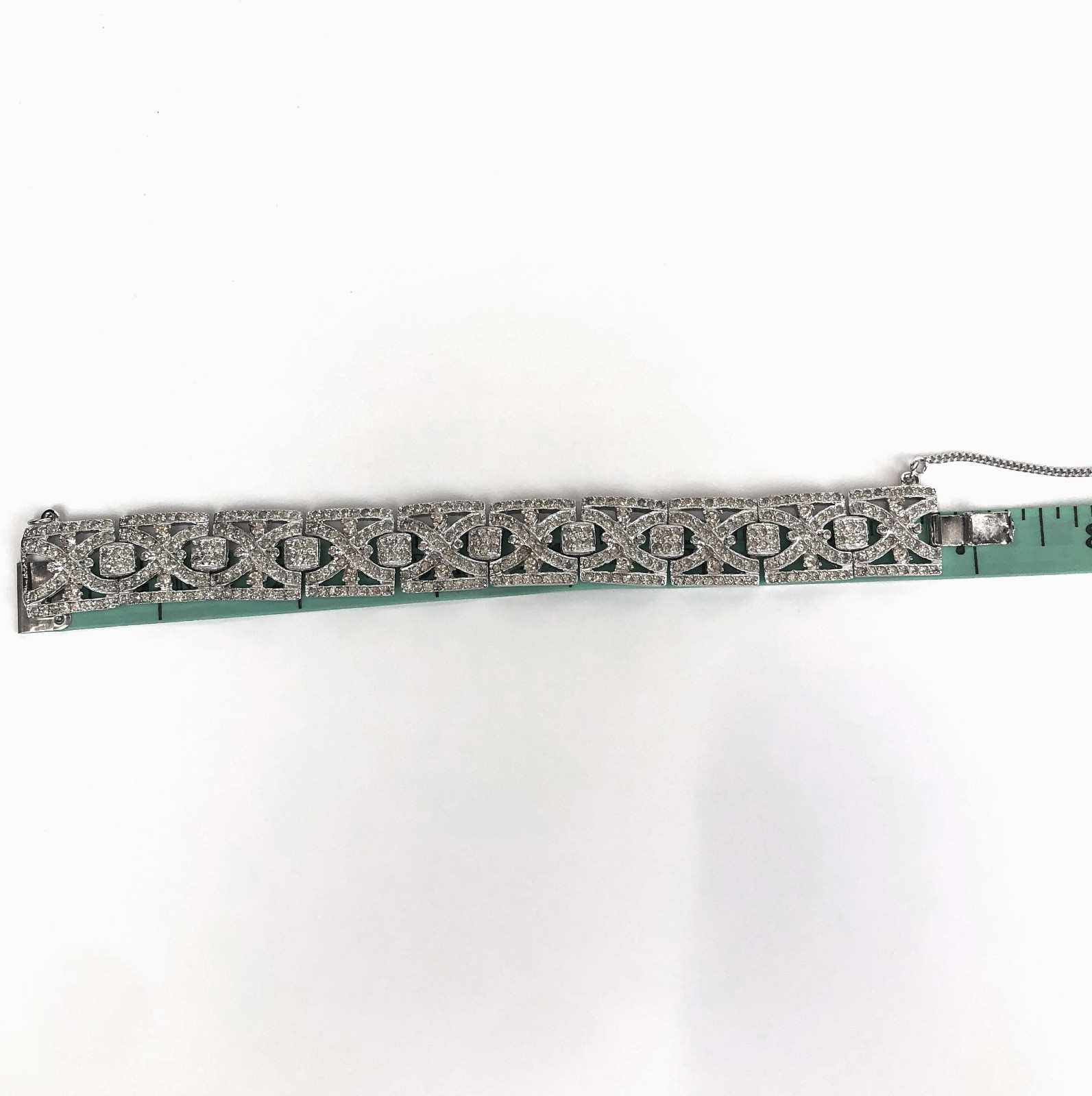 Vintage Art Deco Rhinestone Bracelet Geometric Panels Safety Chain Clasp
