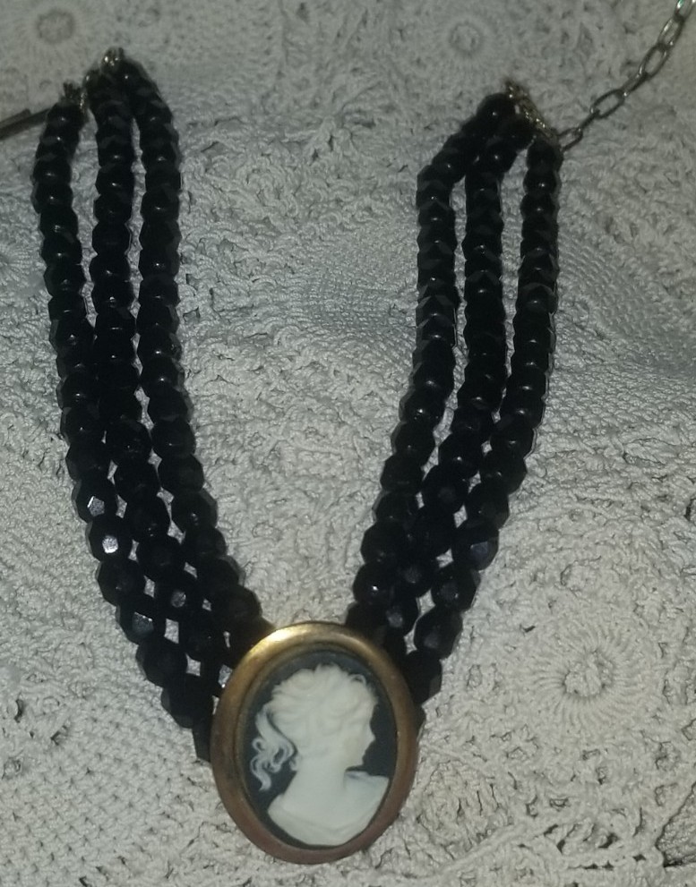 Cameo Necklace, Antique Jet Black Glass,3 Strand Choker, 16 1/2 inch, Gold Tone