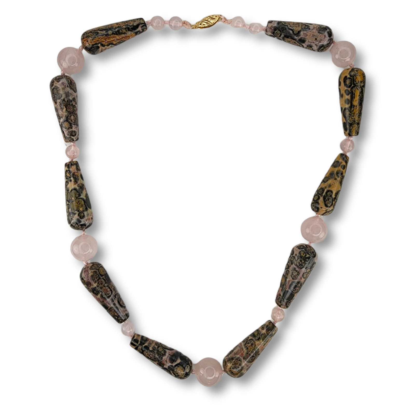 Vintage Rose Quartz and Pink Ocean Jasper Necklace with 14KT Yellow Gold Clasp