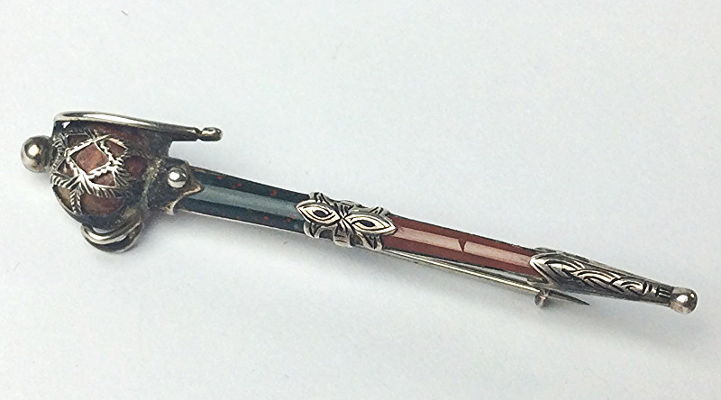 Antique Victorian Scottish agate , bloodstone & Sterling Silver sword brooch