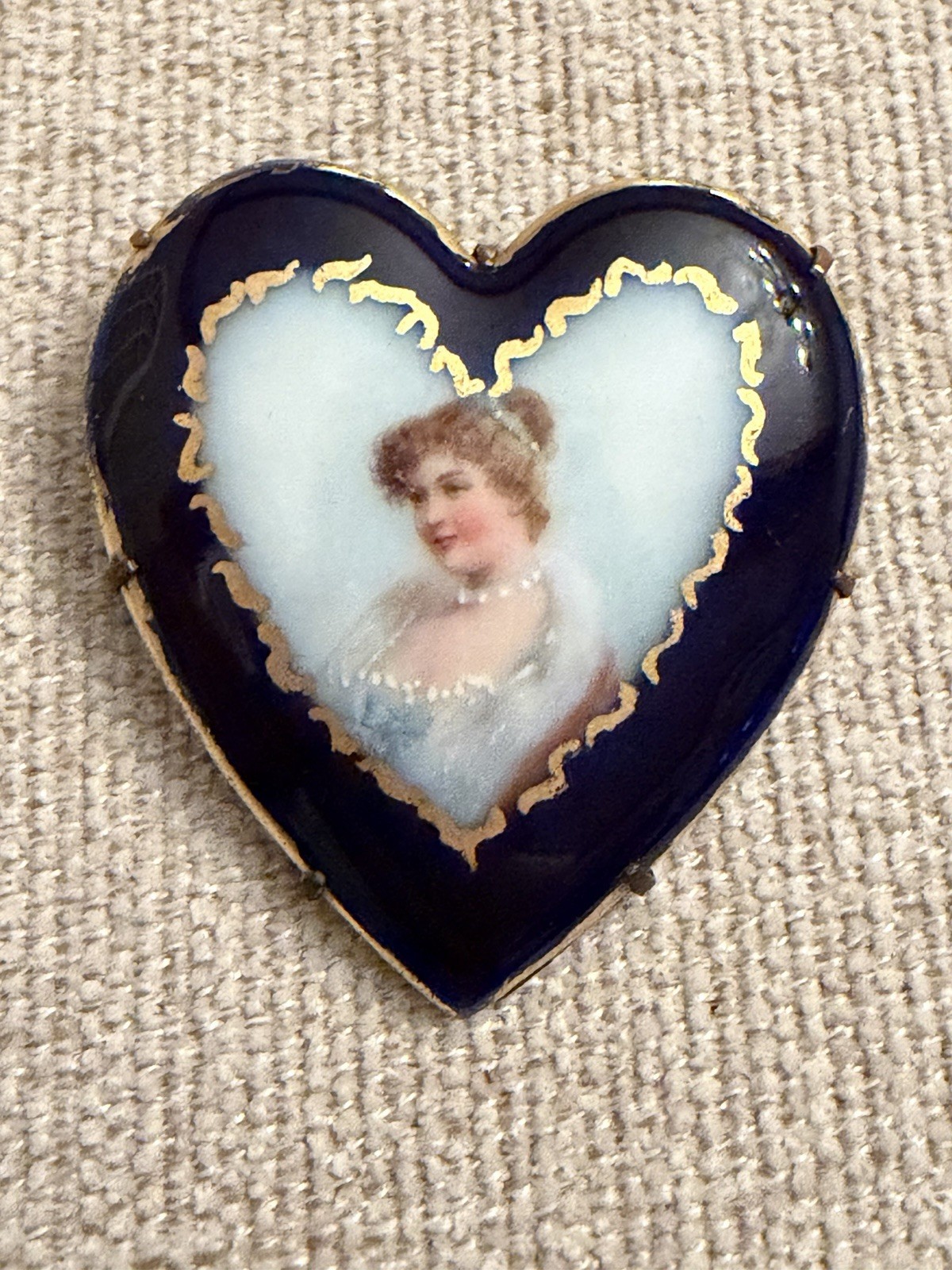 Antique c1890 Portrait Heart Brooch Blue Enamel Hand Painted Accents Art Nouveau