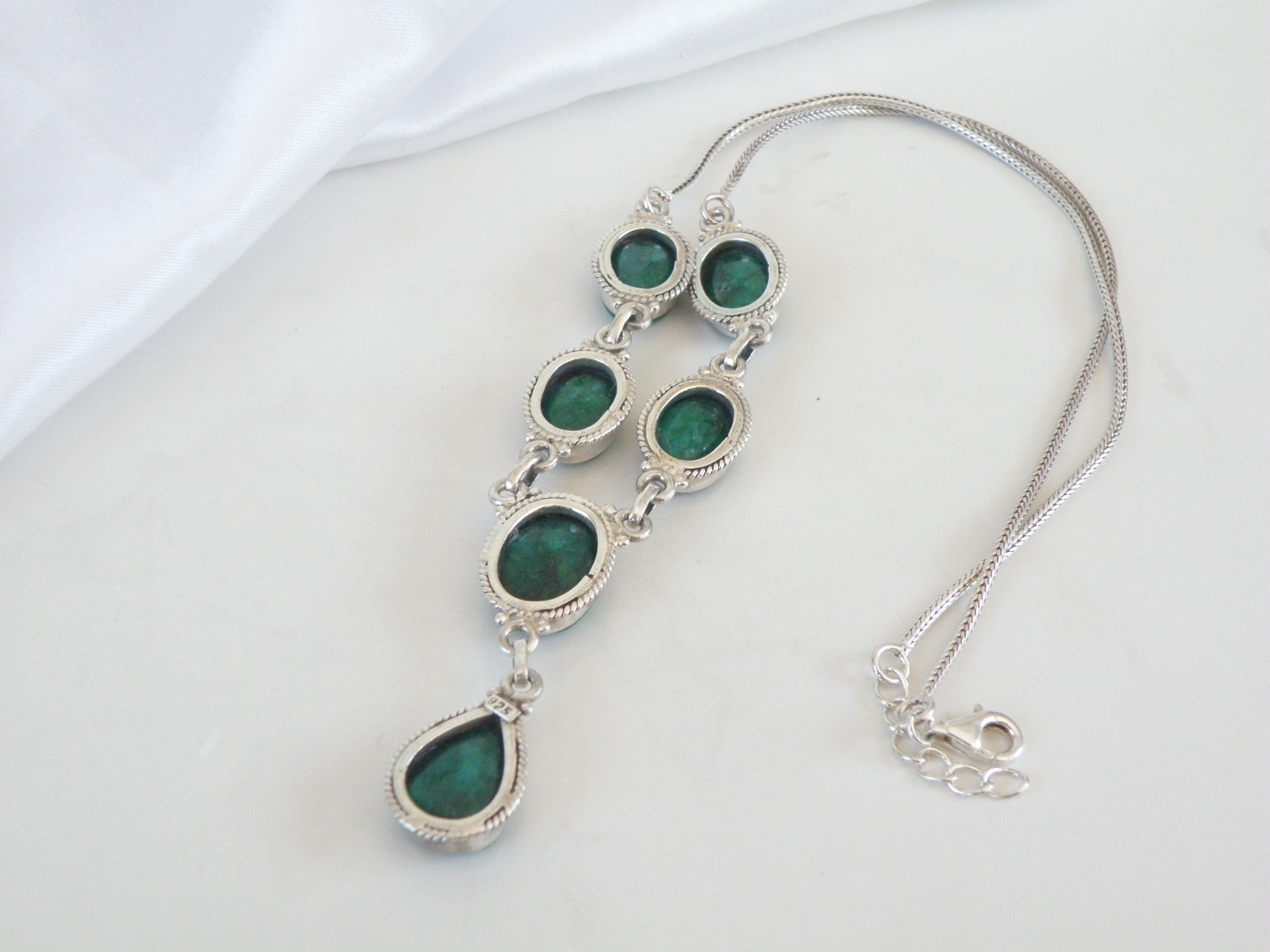 Vintage Sterling Silver 925 Large Natural Raw Emerald Statement Necklace 19″