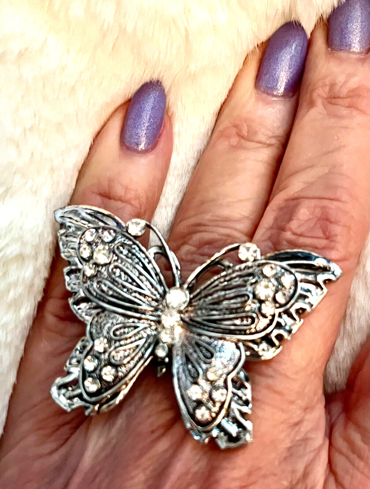 Vintage Silver & Rhinestone Butterfly Ring (Expanding Sz 6 – 7 1/2)