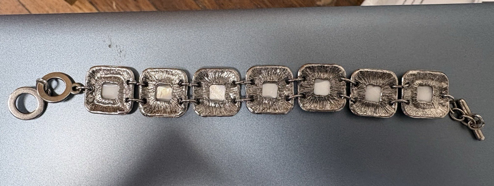 Vintage 1980s Mother Of Pearl Silver Tone Bracelet Square Links