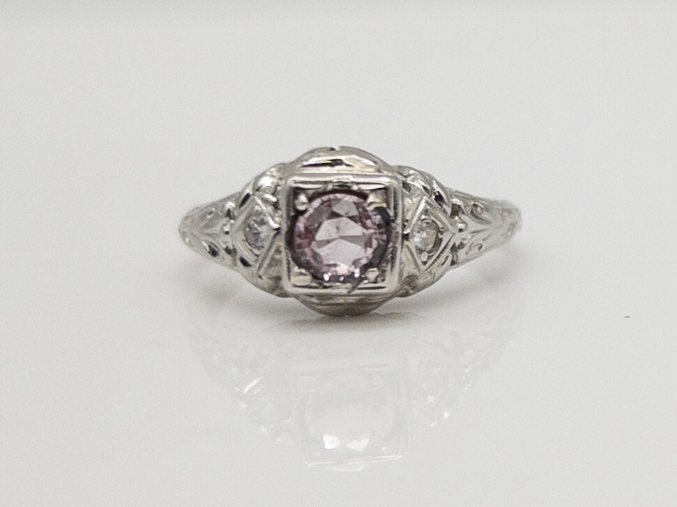 Antique 1920s Certified NO HEAT Purple Pink Sapphire Diamond 18k White Gold Ring