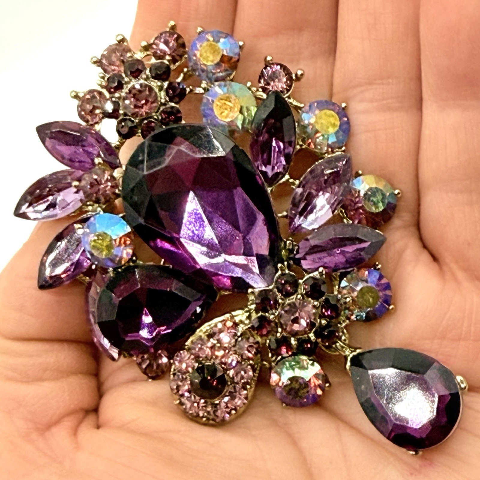 Modern Goldtone Brooch Pendant LG Purple Pink AB Rhinestone Bouquet Teardrop Z