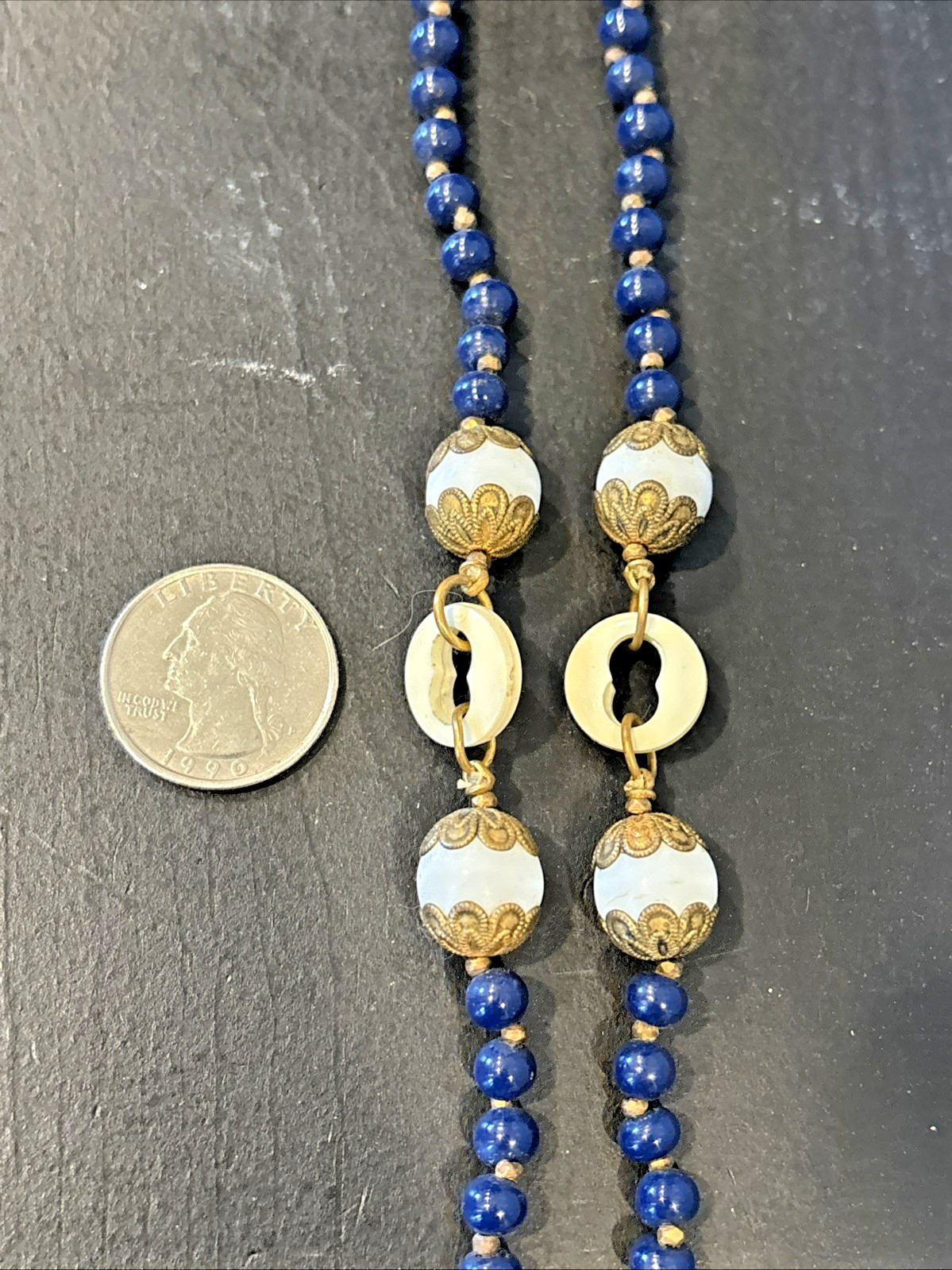 Miriam Haskell White Milk Blue Glass Plastic Beaded 19″ Necklace Patented Clasp