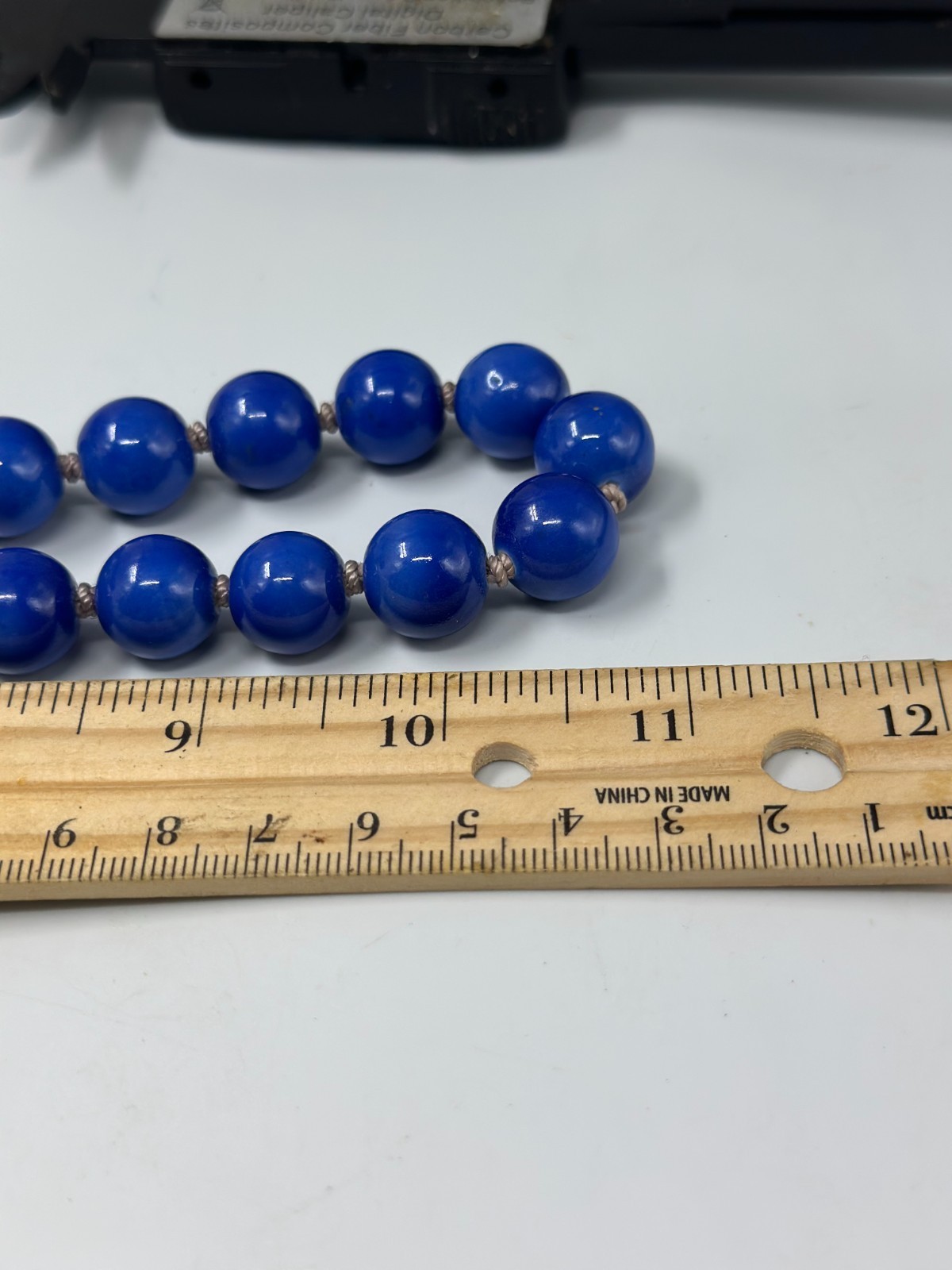 Vintage Chinese Peking Blue Glass Bead Necklace Hand Knotted Cloisonne Clasp 26″