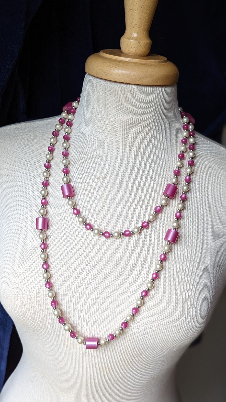 Vintage Opera Length Bead 54″ Necklace Pink Purple Faux White Pearl Silver Tone