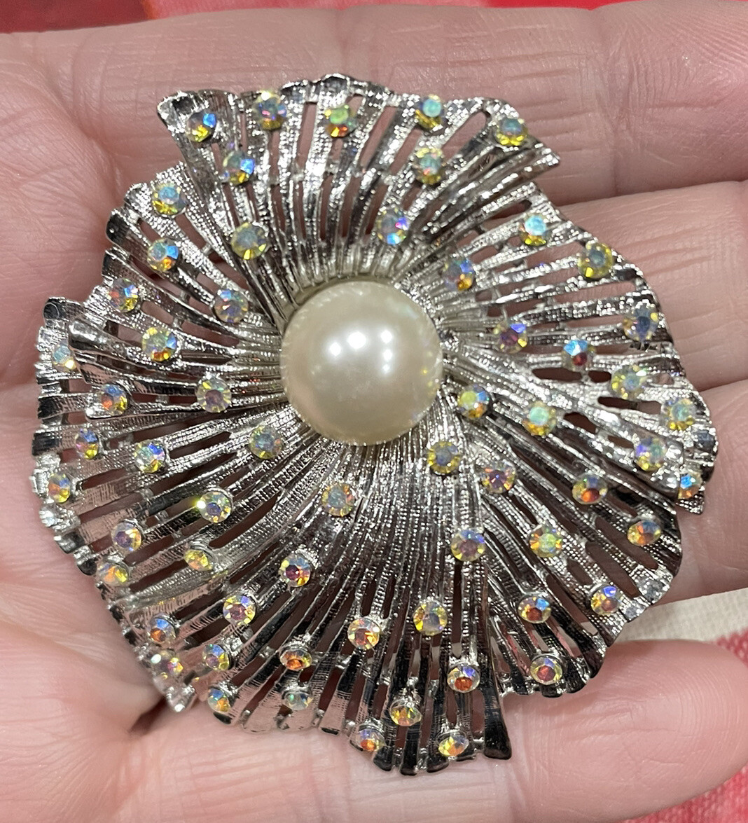 Vintage Silver Tone Poppy Flower w Ab Rhinestones Faux Pearl Brooch Pin Pendant