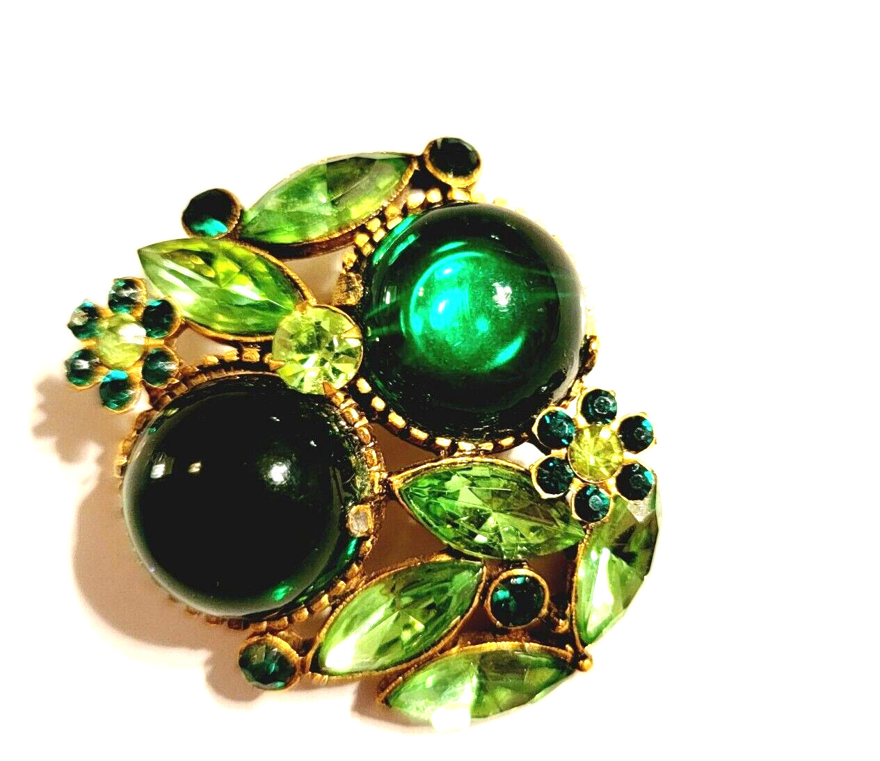 Vintage Large Gripoix Rhinestone Brooch Pin, Green Glass Floral Mogul Jewelry