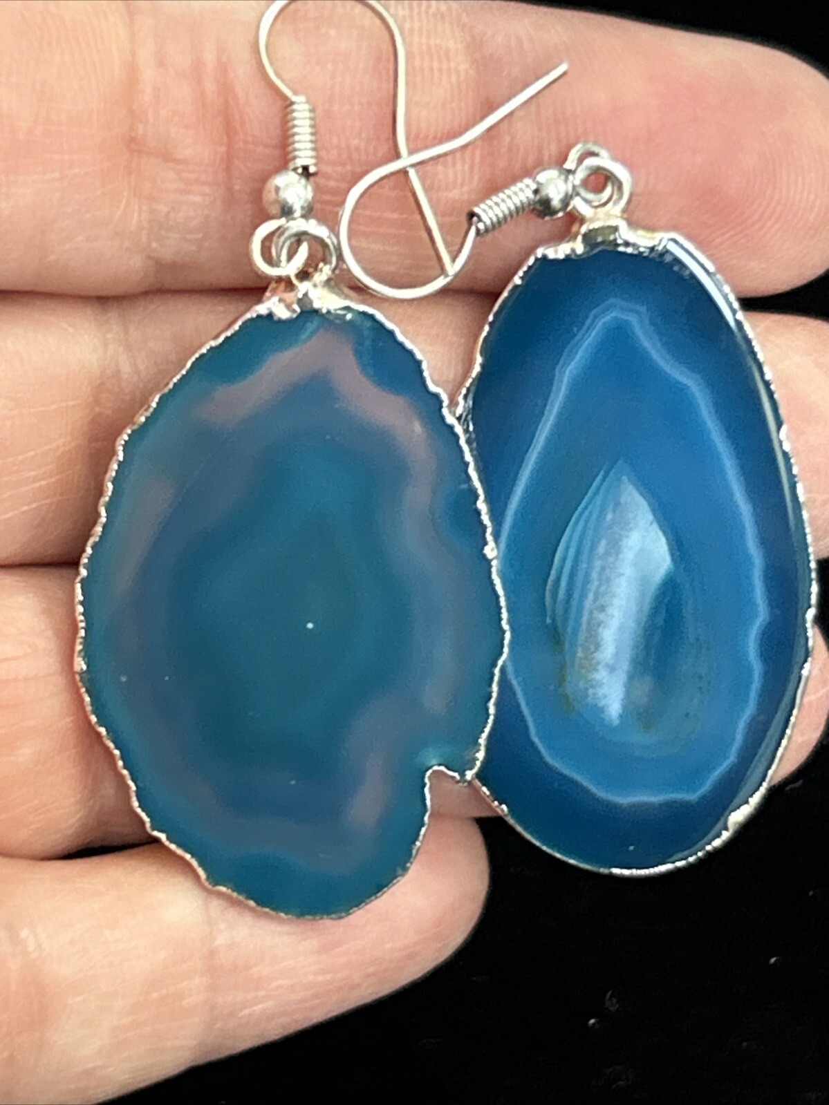 Vintage Silver Tone Blue Geode Slice Dangle Drop Pierced Earrings Large 2.25”
