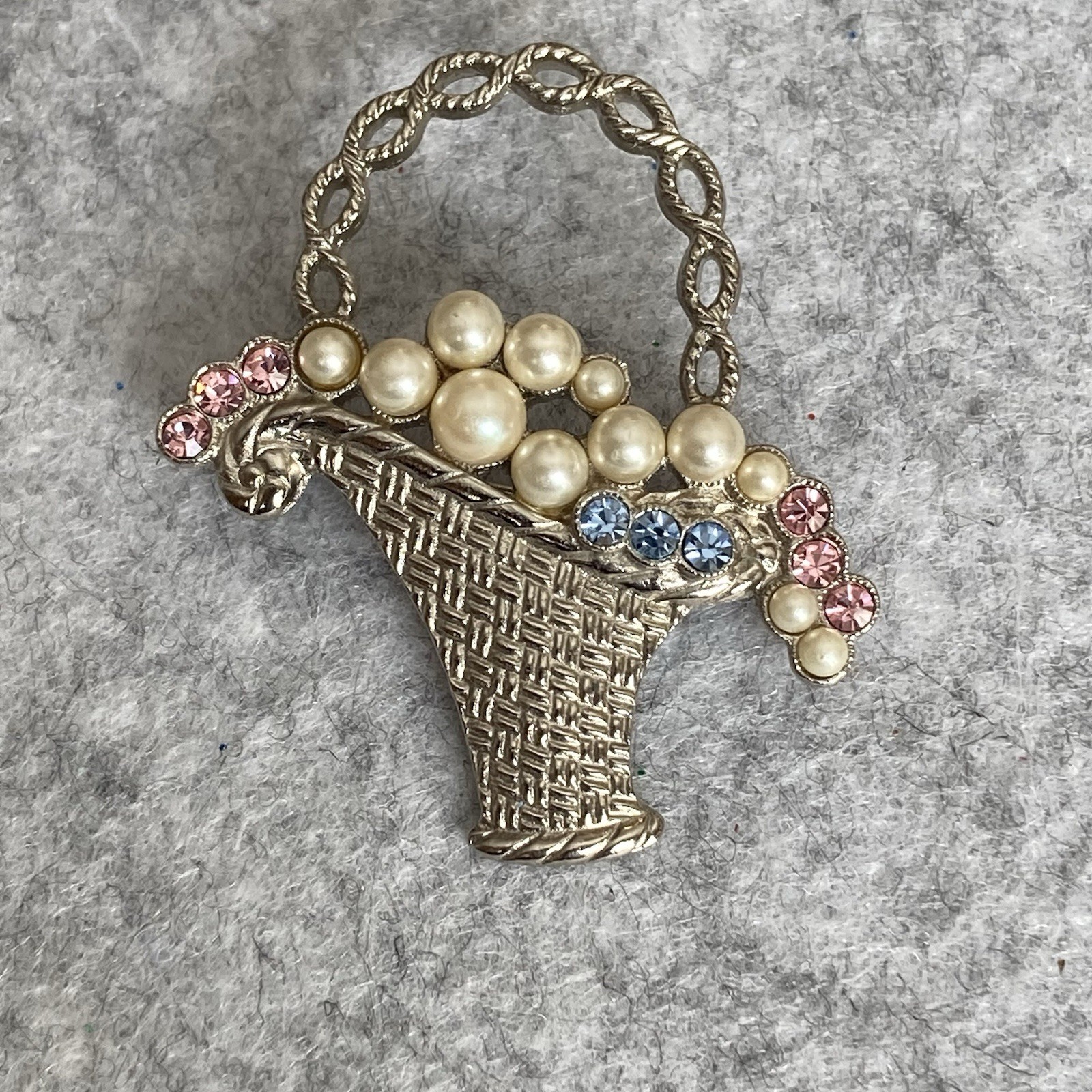 VTG Flower Basket & Wheelbarrow Brooch Lot of 2 Faux Pearls Enamel 1928 Brand