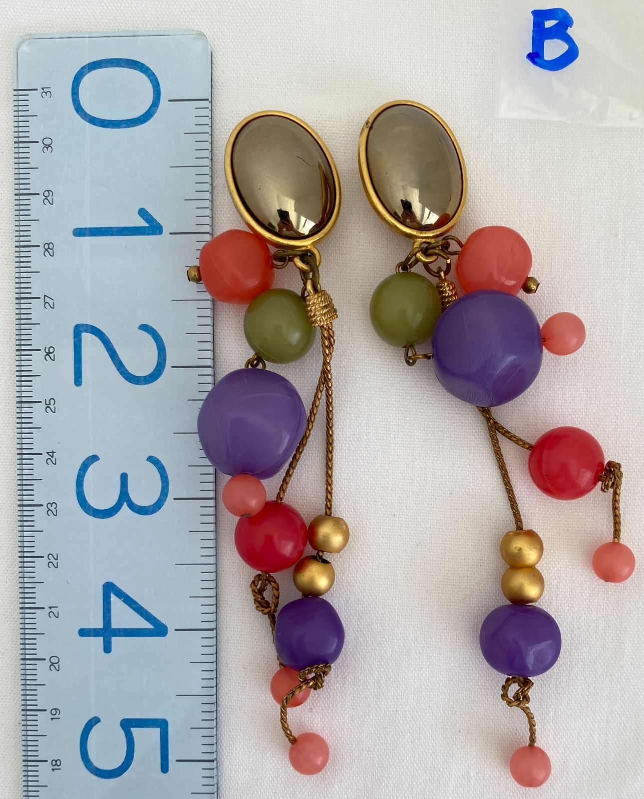 Vintage Colorful Fruit Salad Beaded Dangle Gold Tone Clip On Earrings Statement