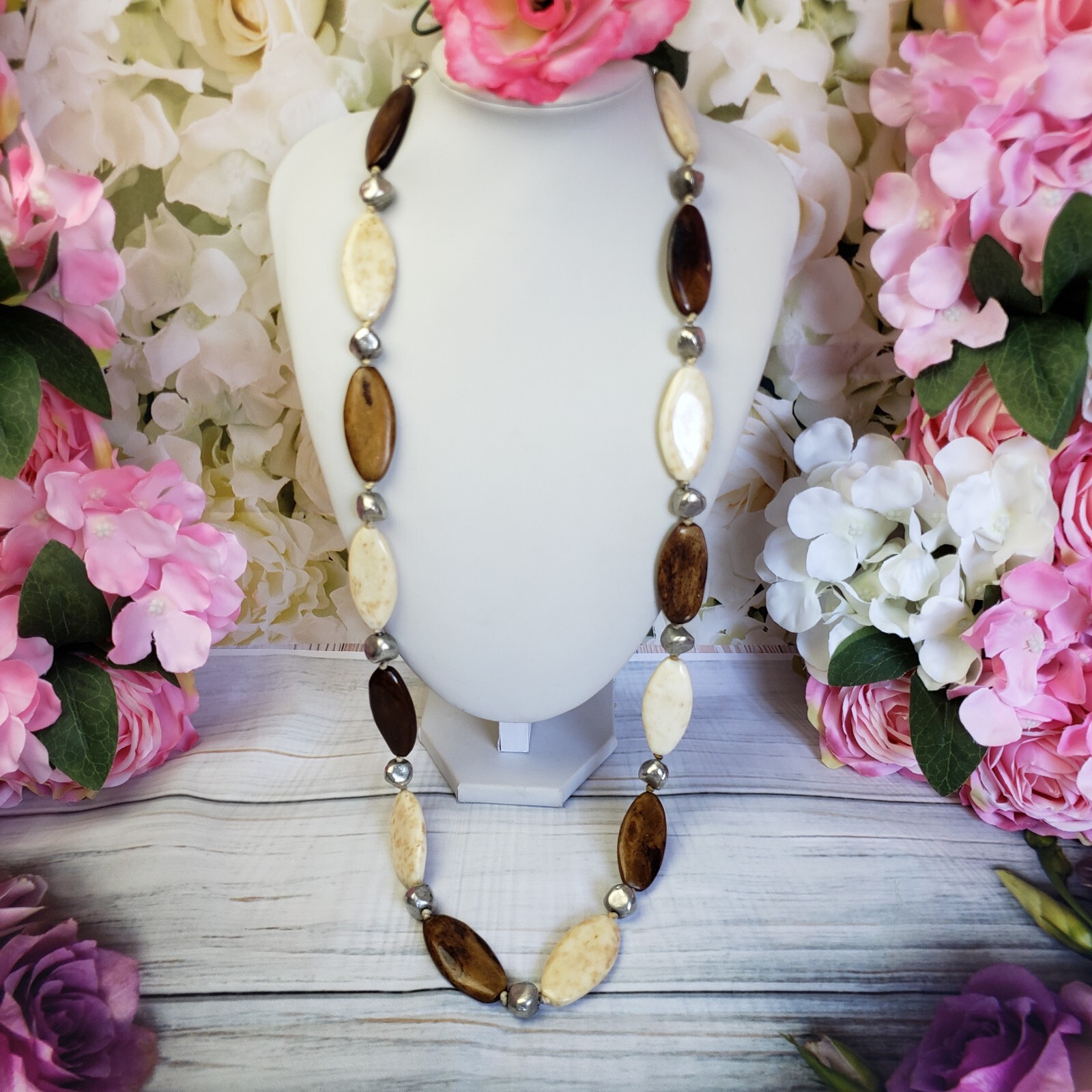 Artisan White & Brown Beaded Long Silver Tone Necklace