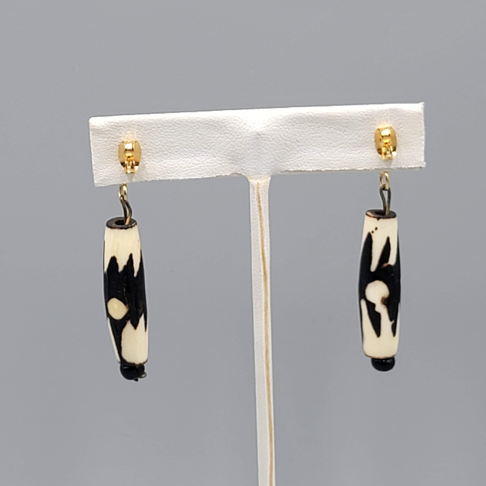 Vintage Pierced Earrings Gold tone Dangle African Cow Bone Bead 2 in