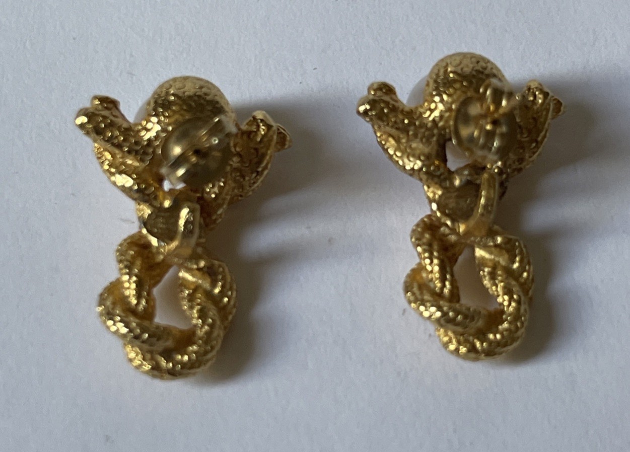 Vintage Gold Tone Knotted Rope Pearl Earrings