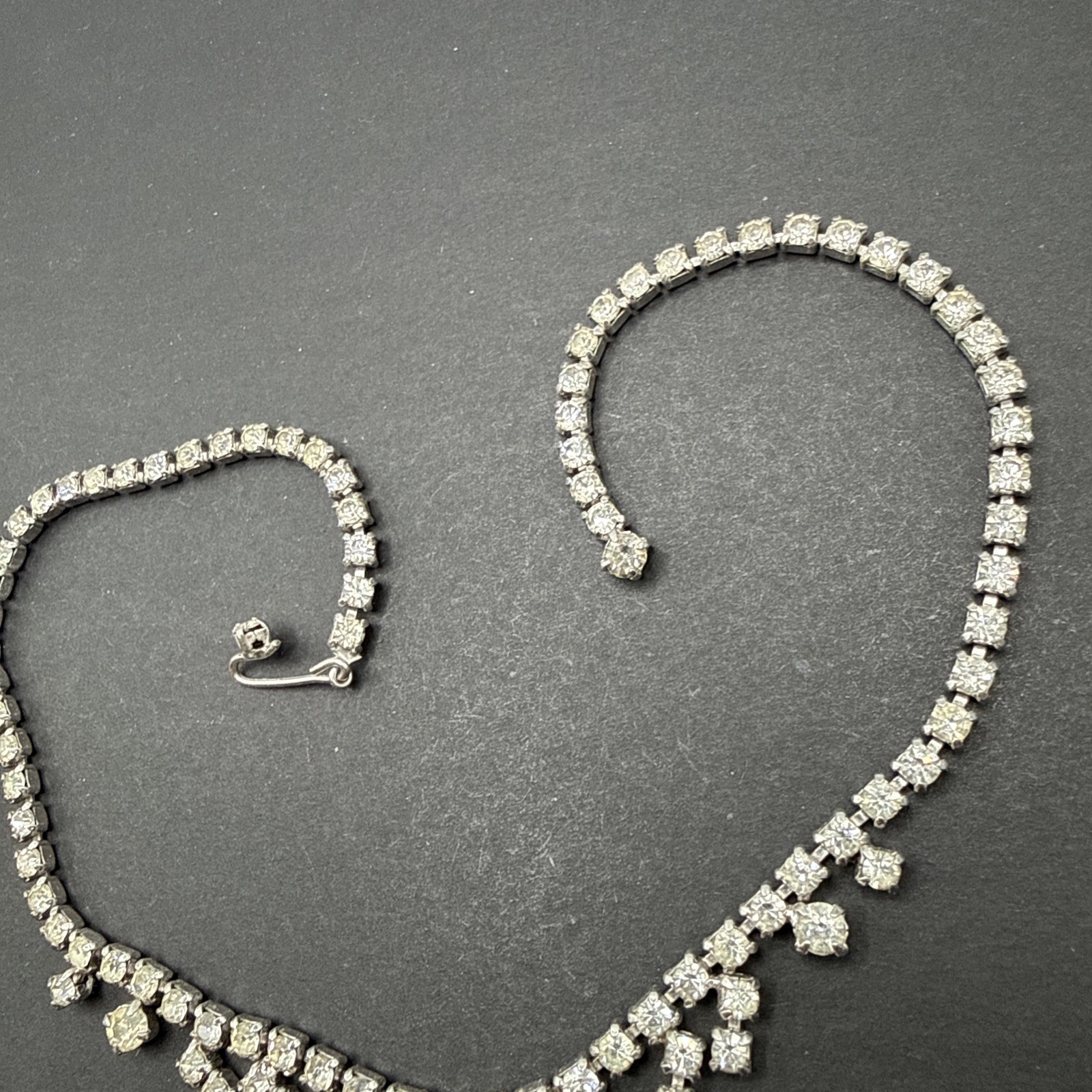 Vintage Clear Rhinestone Necklace Silver Tone 14” J151