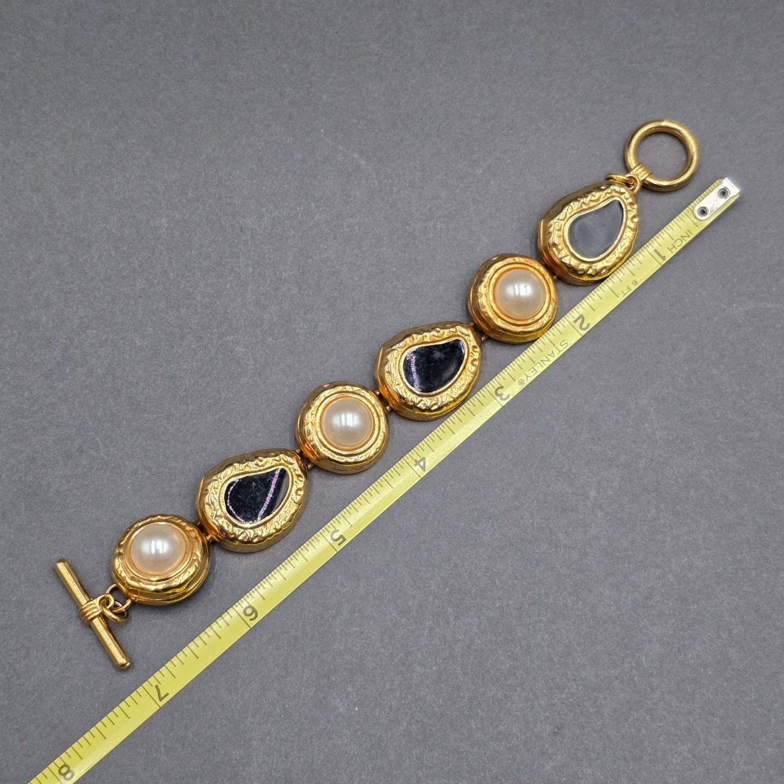 Vintage Gold Tone Black Enamel Faux Pearl Bracelet 7″ Panel Link Statement