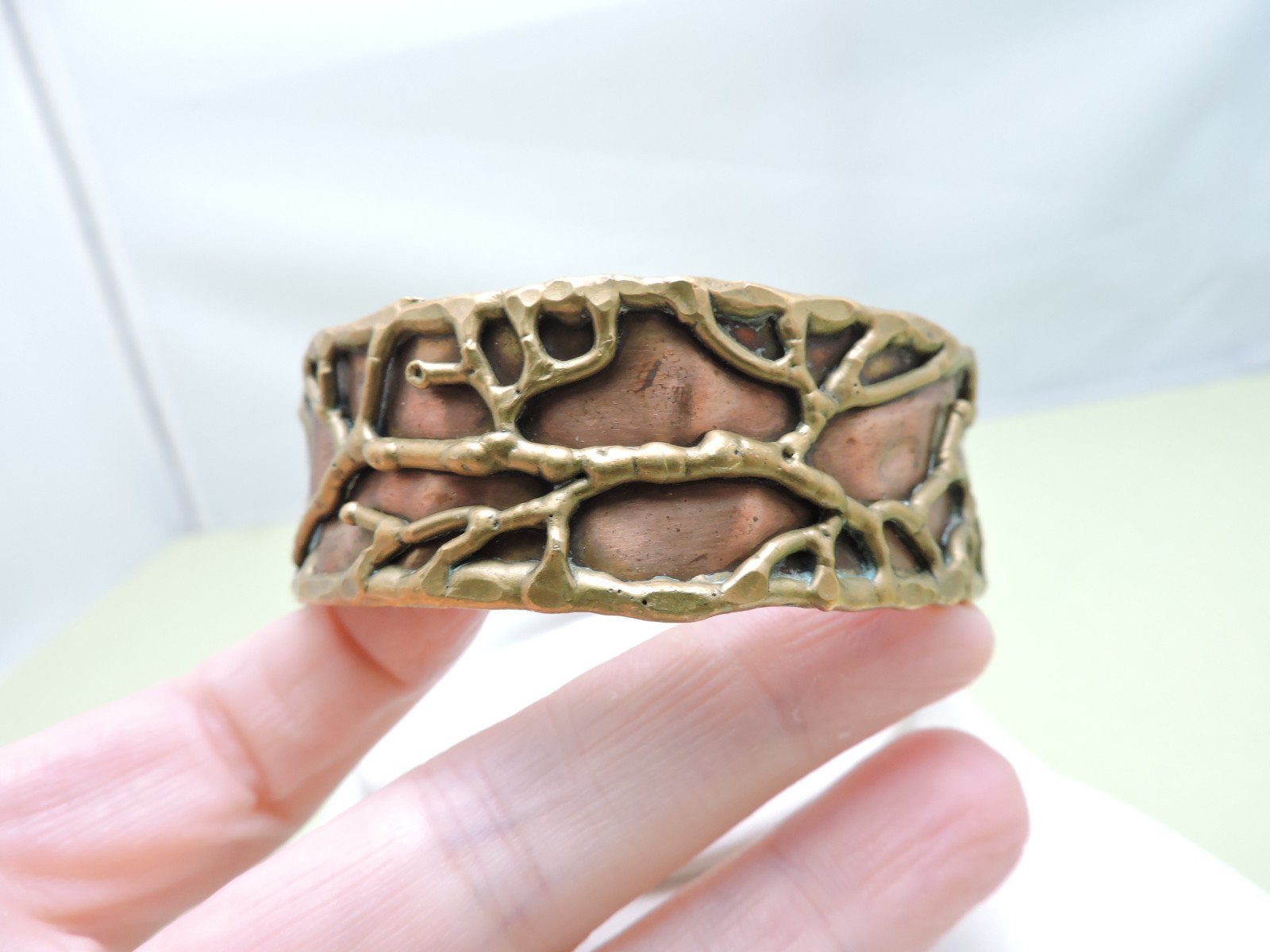 Vintage Artisan Mixed Metal Brutalist Abstract Cuff Bracelet Copper Brass 7.5″