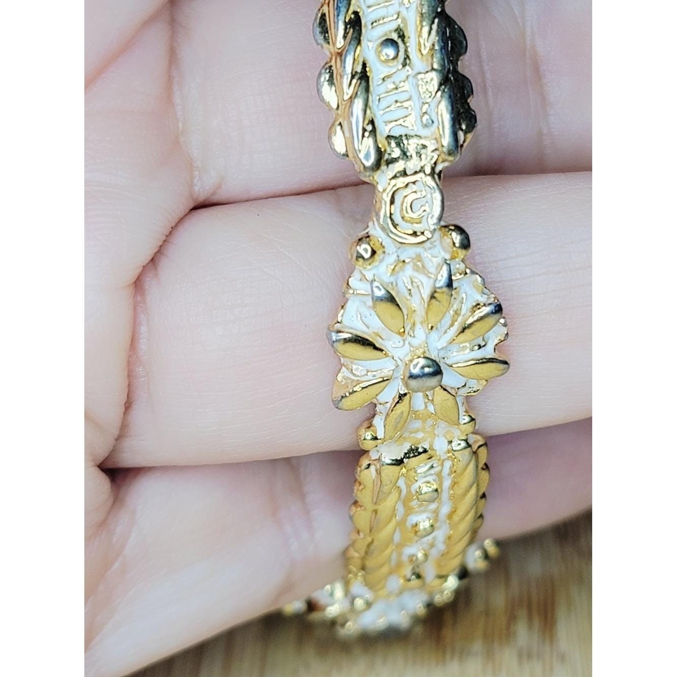 Vintage Gold Tone Rhinestone Bracelet White Enamel Ornate Hinged Bangle