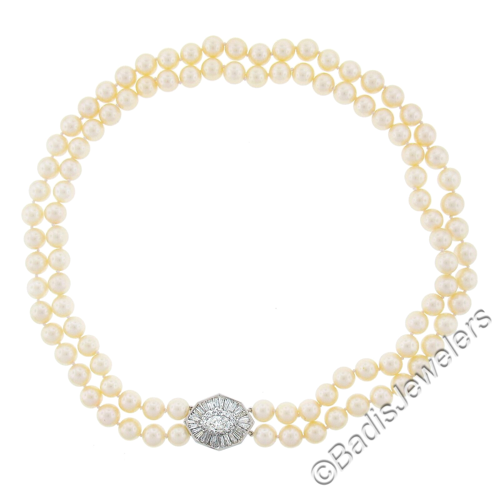 18k White Gold Dual Strand 8-8.5mm Pearl Necklace w/ GIA 3.68ctw Diamond Clasp