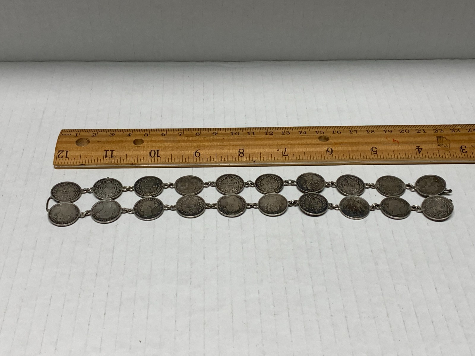 VINTAGE BRITISH COIN LINK BRACELET VICTORIAN ERA, 20-3 PENCE COINS 1873-1884