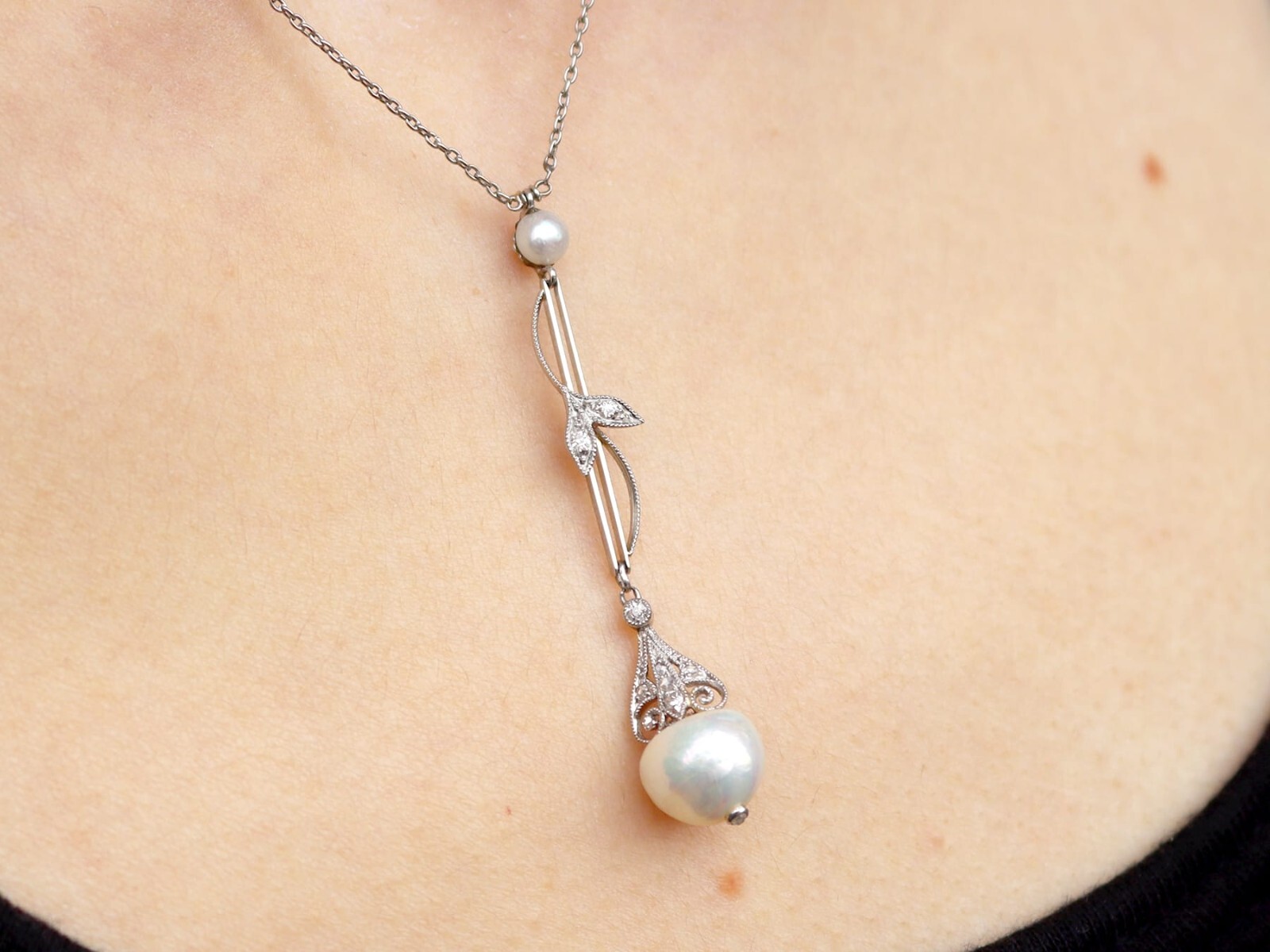 Antique Natural Pearl and Diamond, Platinum Pendant Circa 1910