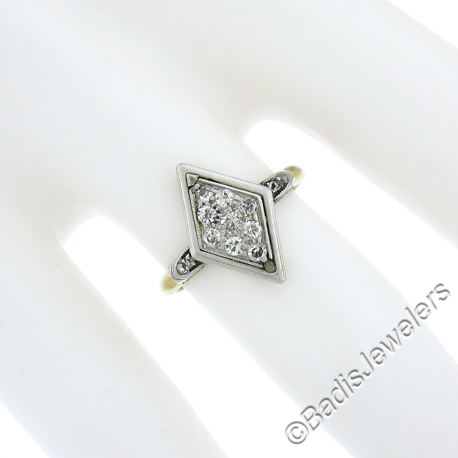 Antique Edwardian 18K Yellow Gold & Platinum Old Cut Diamond Lozenge Shape Ring