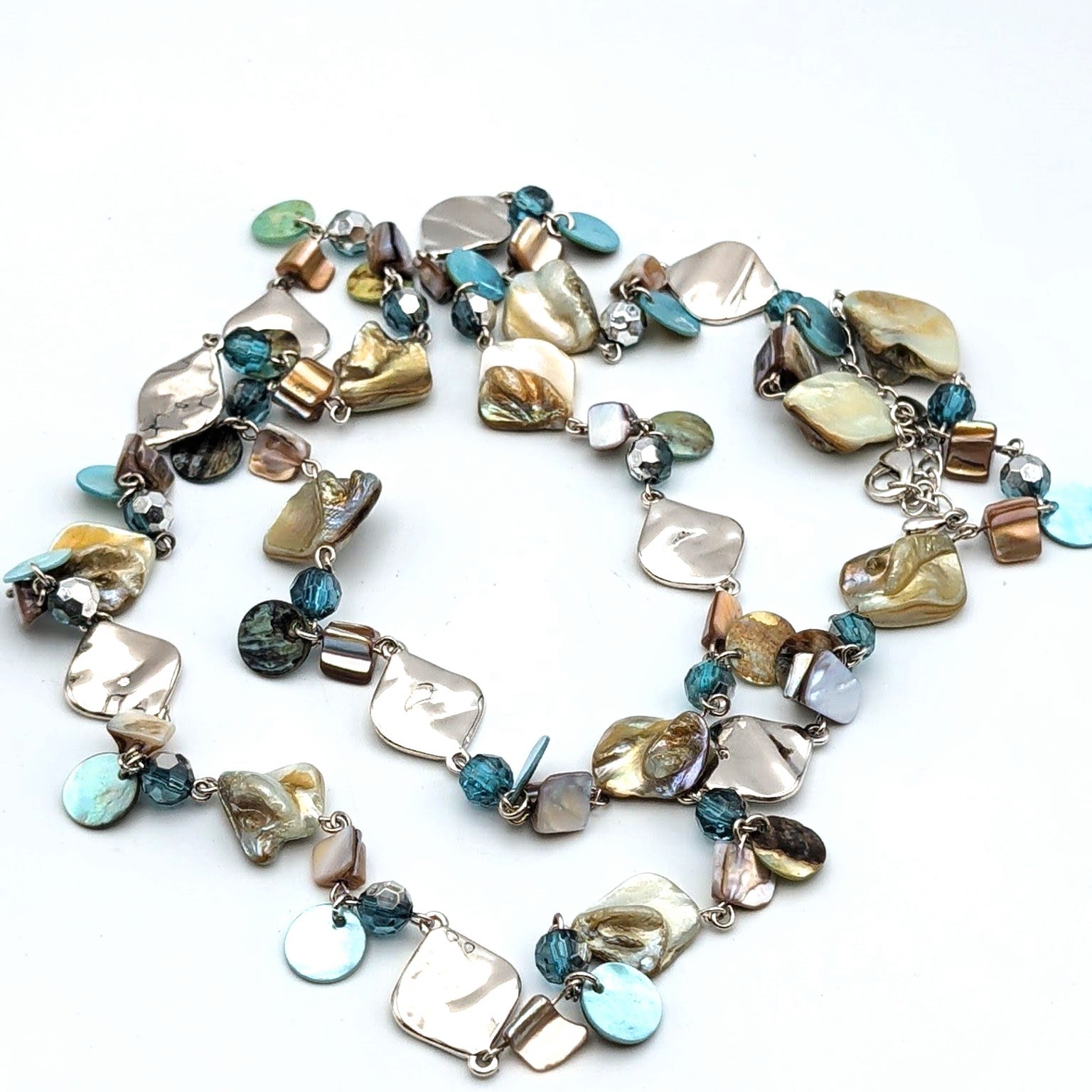 Lia Sophia Signed “Ocean Air” Abalone Shell & Glass Beads Silver Tone Necklace