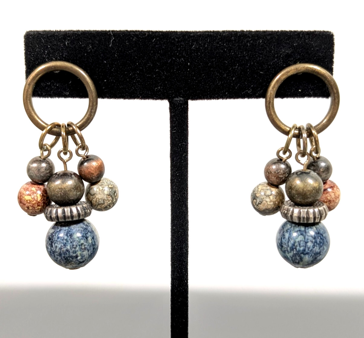 Bronze Tone Blue Bead Cluster Dangle Earrings Tribal Boho Western Retro