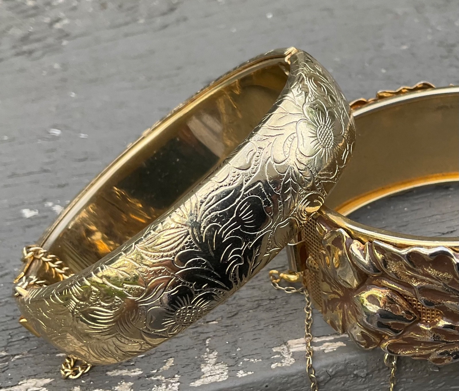 Vintage CUFF BANGLE BRACELETS Repousse Floral Nouveau Wide Gold Tone Finish