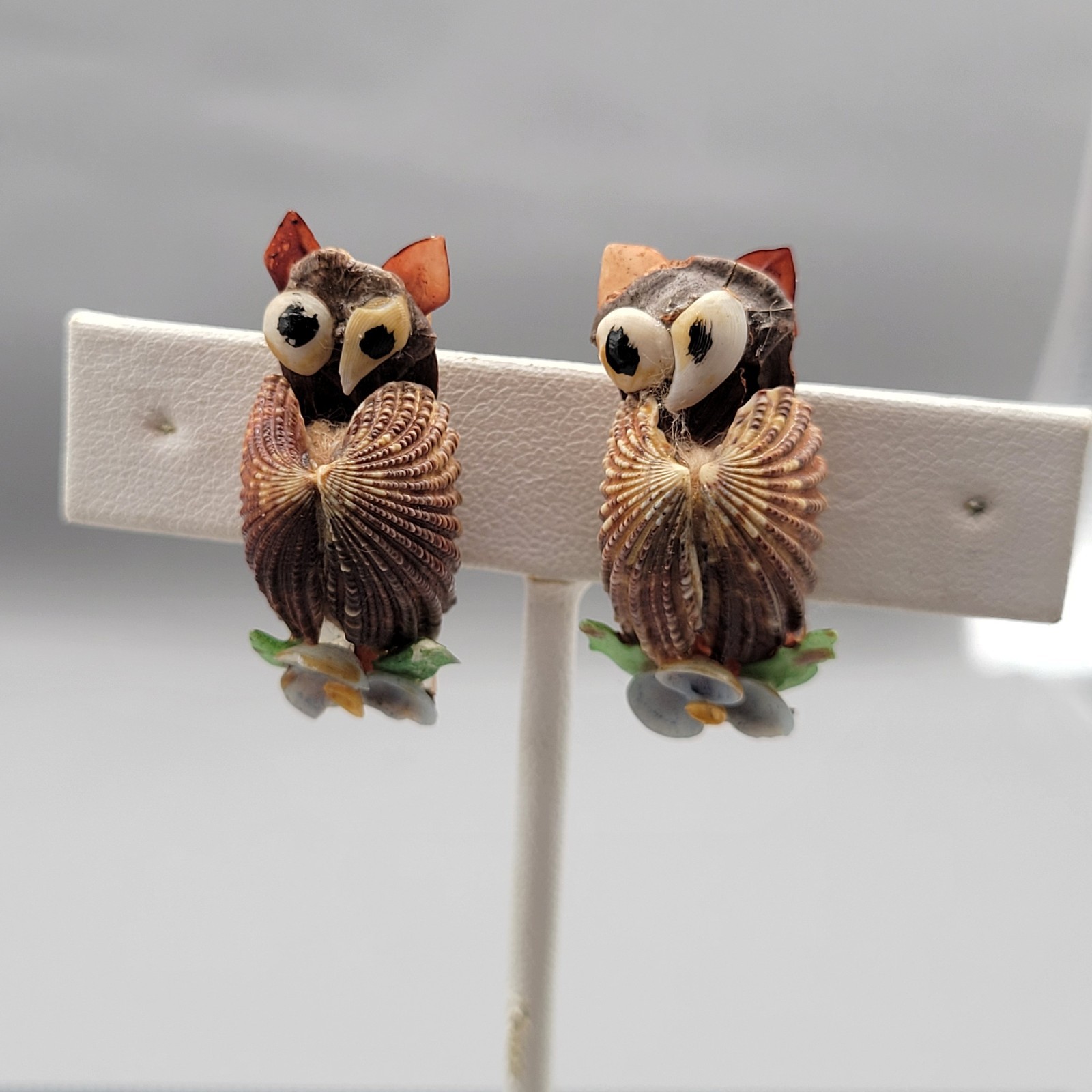Vintage Owl Shell Clip On Earrings Hand Painted Figural 1960s Novelty