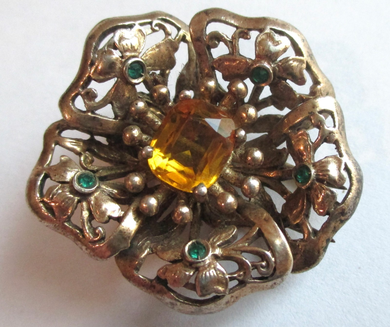 PAIR VINTAGE STERLING SILVER RHINESTONE FUR CLIP BROOCH GOLD WASH FLOWER LOT