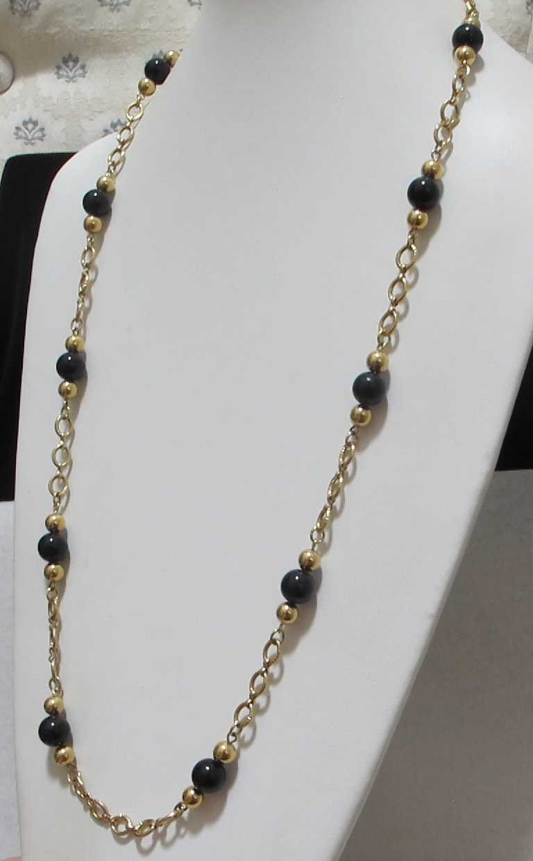 Vintage MONET Gold Tone Oval Links Black Bead Sister Clasp 34” Station Necklace