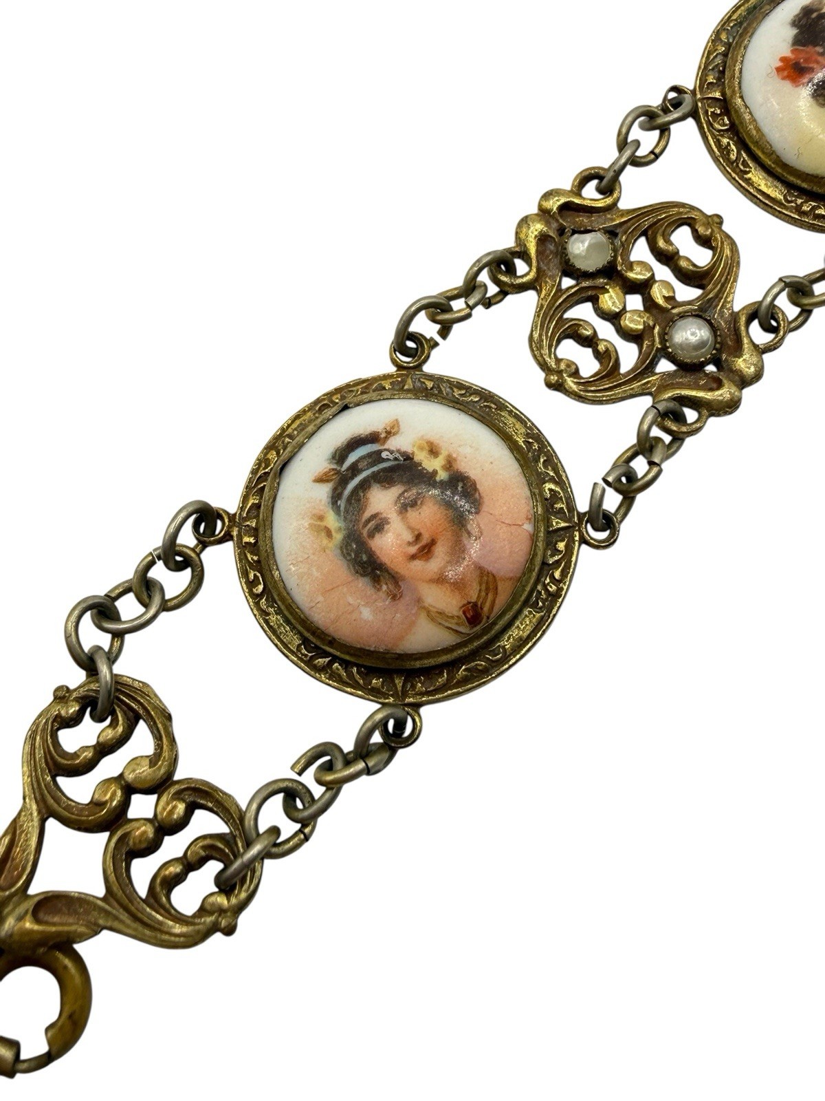 Antique Art Nouveau Austro Hungarian Lady Portrait Porcelain Bracelet Brass