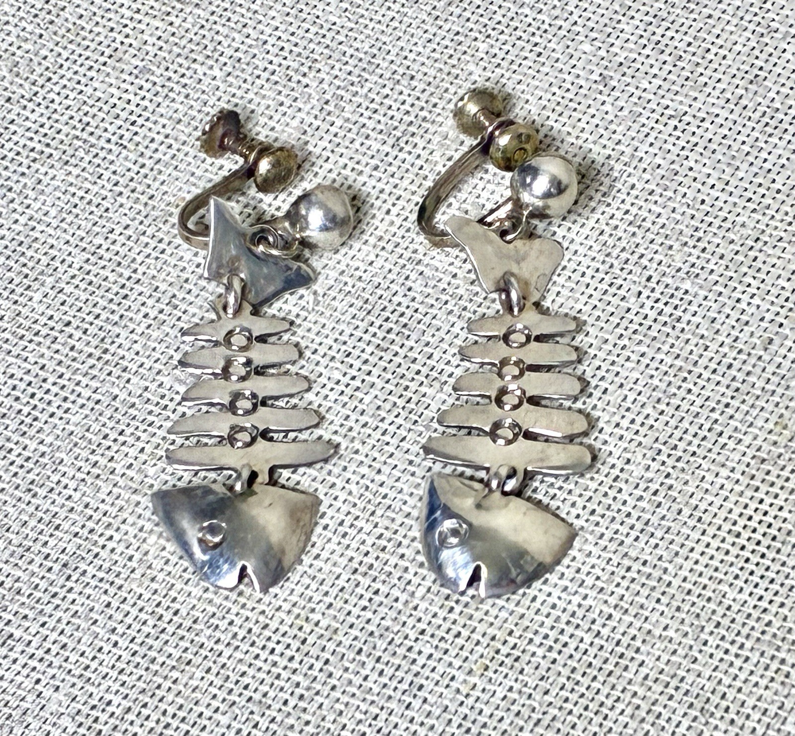 Taxco Silver Fish Dangle Earrings signed IP with Eagle Modernist Screw Back