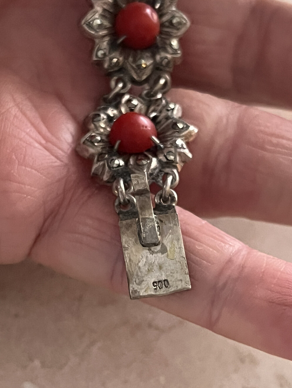 Antique Victorian 900 Silver Marcasite & Coral Link Flower Bracelet