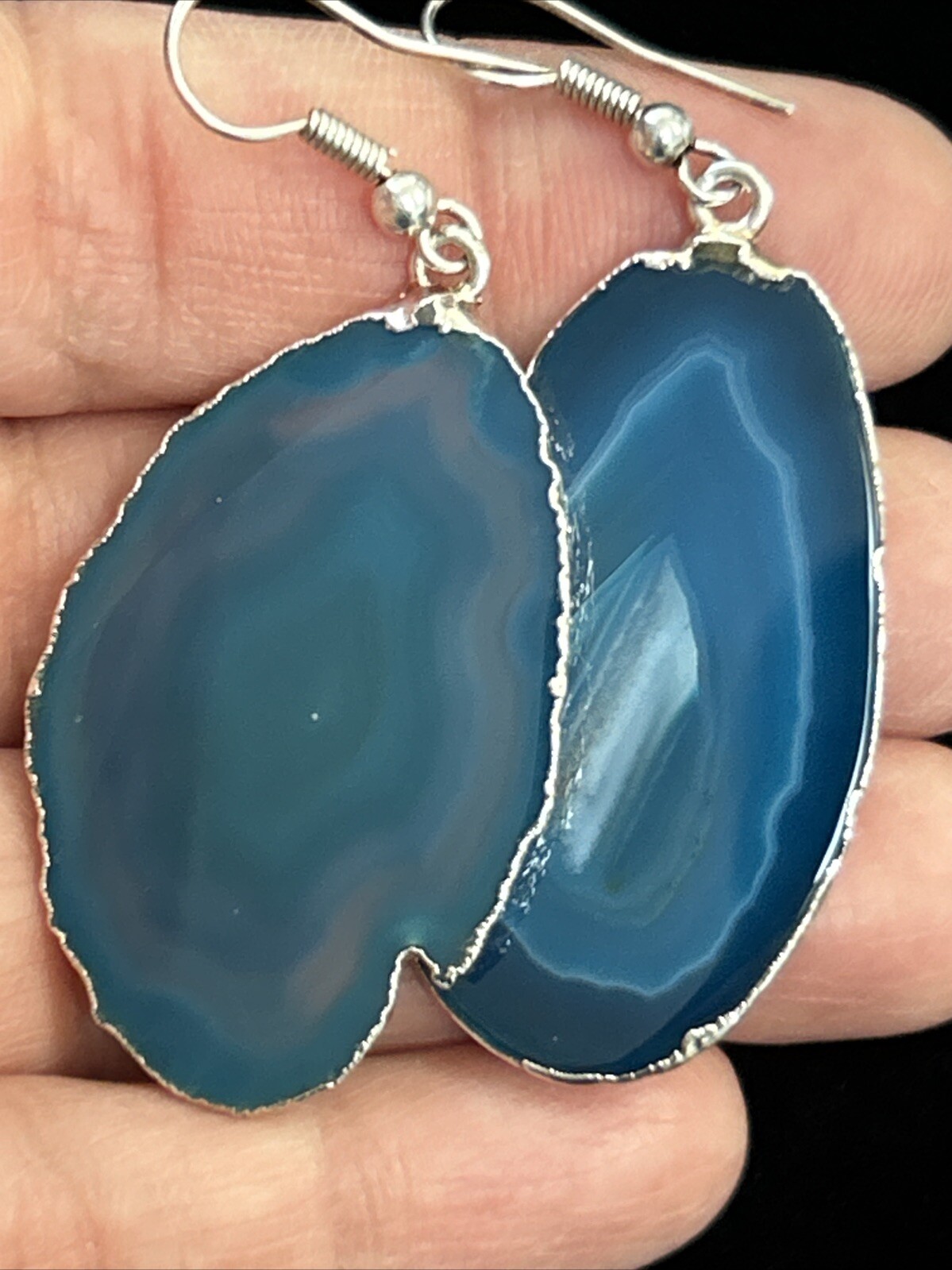 Vintage Silver Tone Blue Geode Slice Dangle Drop Pierced Earrings Large 2.25”