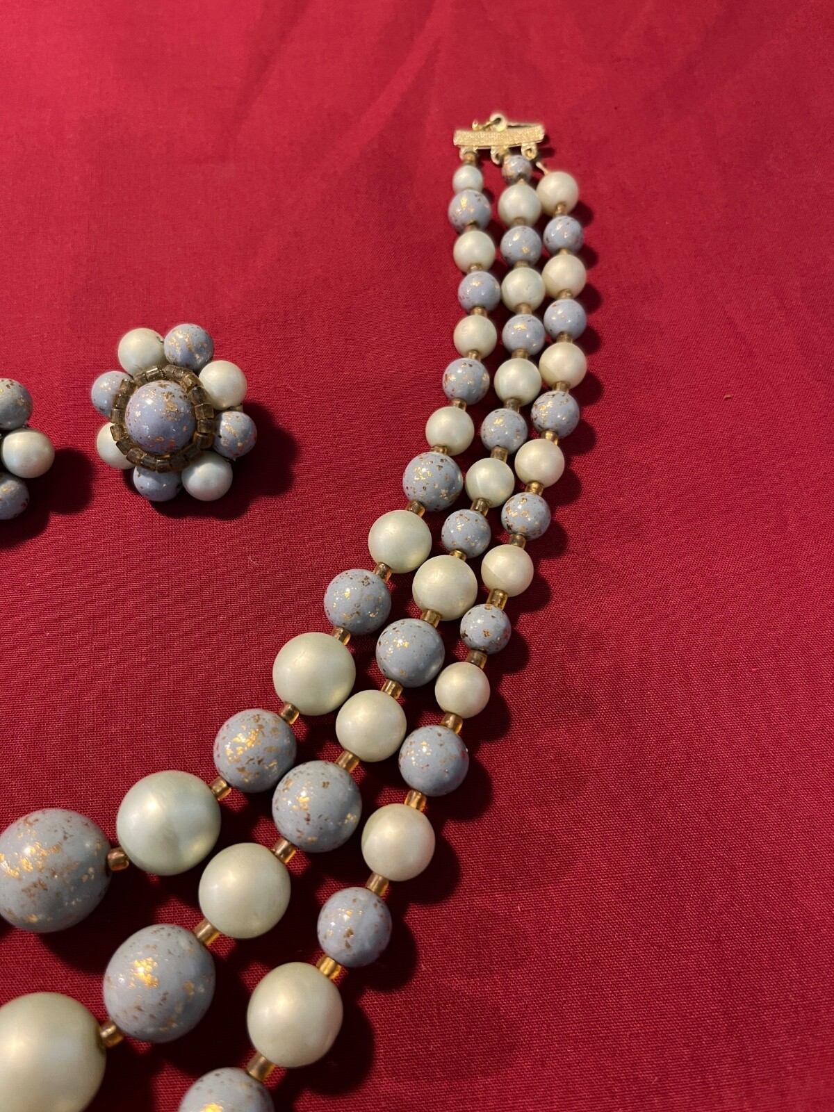 Vintage Japan 3-Strand Blue Shiny & Frosted Necklace With Clip On Earring Set