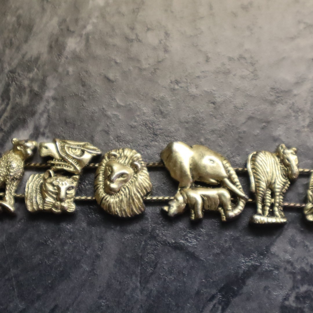 Vintage Slide Safari Animals Charm Bracelet Gold Tone Metal