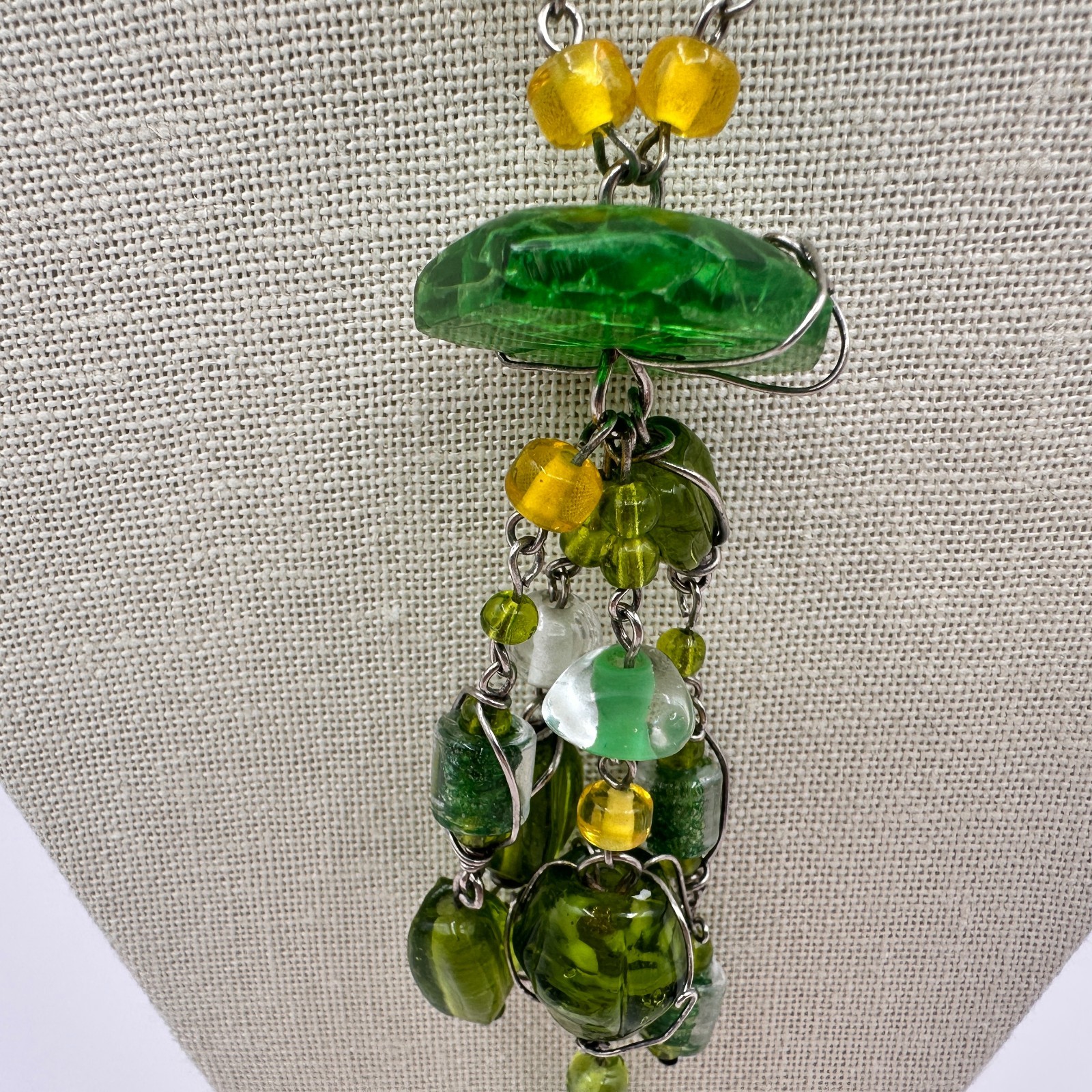 Vintage Green Glass Bead Tassel Necklace Wire Wrapped Yellow Crystal Y Drop Boho