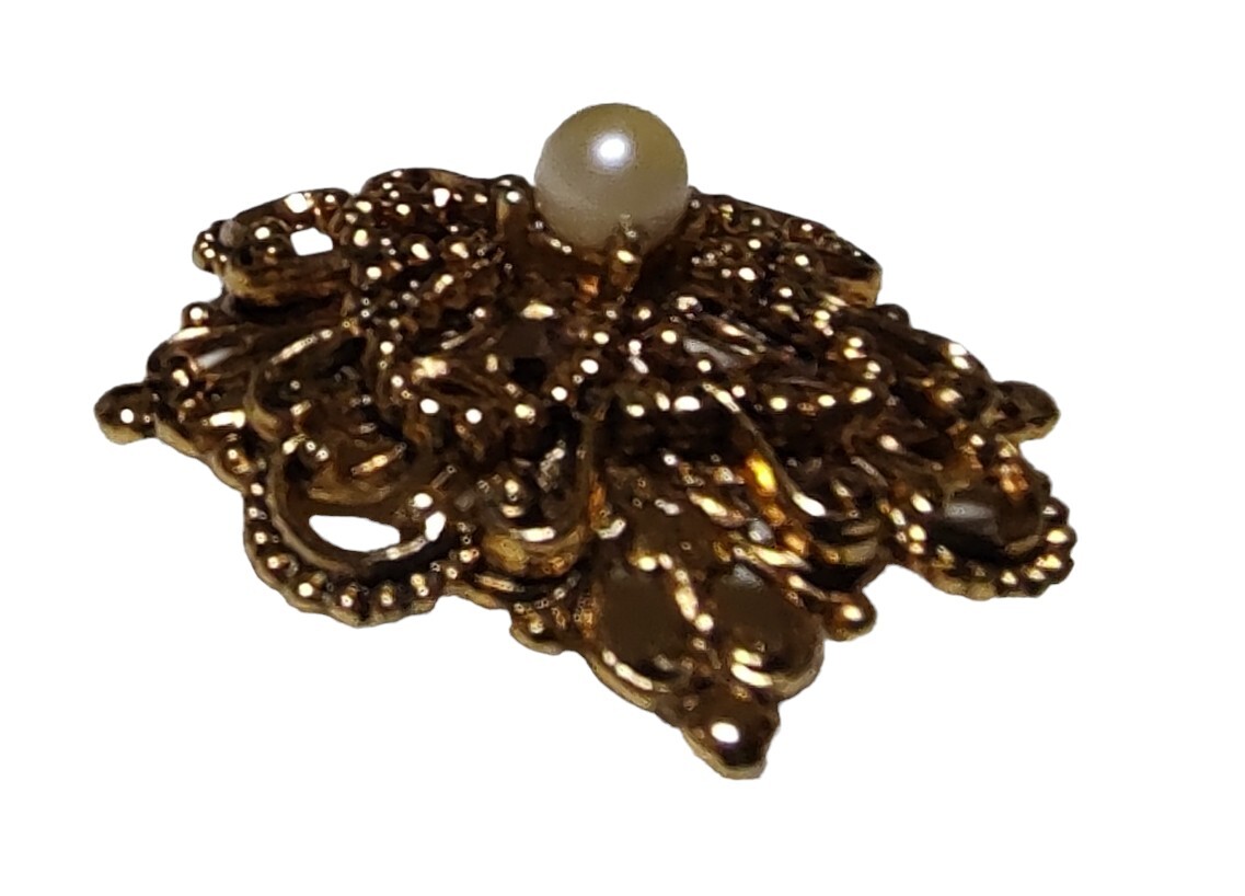 Tacoa Raised Relief Brooch Pin Faux Pearl Floral Filigree Gold Tone Vintage