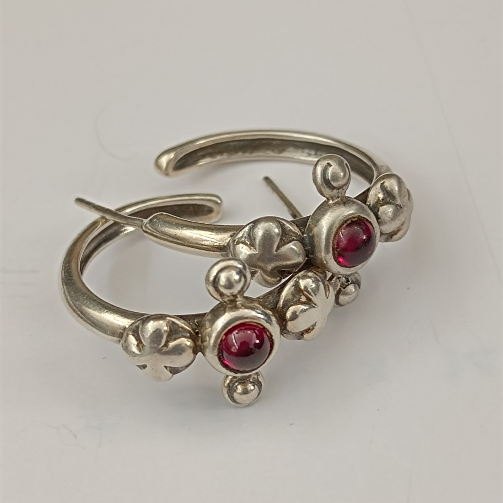 Vintage Silver Hoop Earrings Garnet Cabochon Boho Handmade Sculptural Artisan