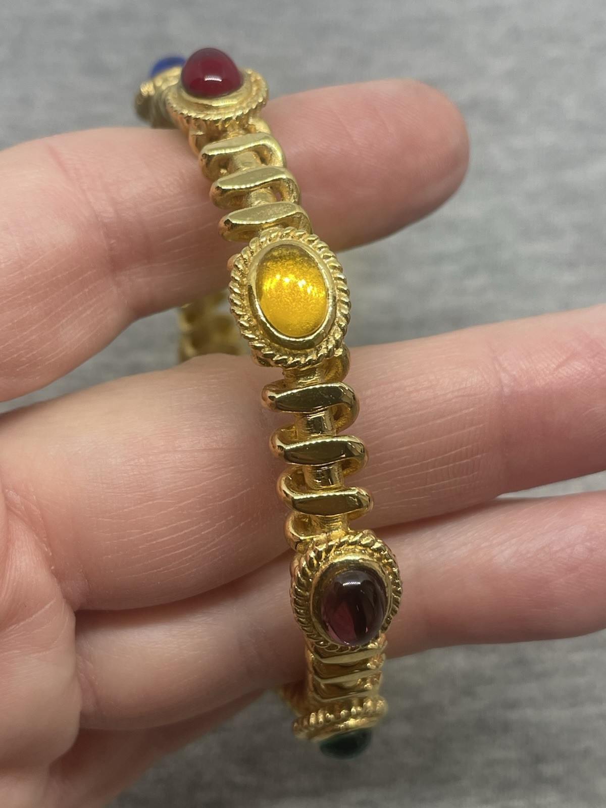 Vintage GoldTone Gripoix Multicolor Glass Cabochons 7.67” Bangle Bracelet