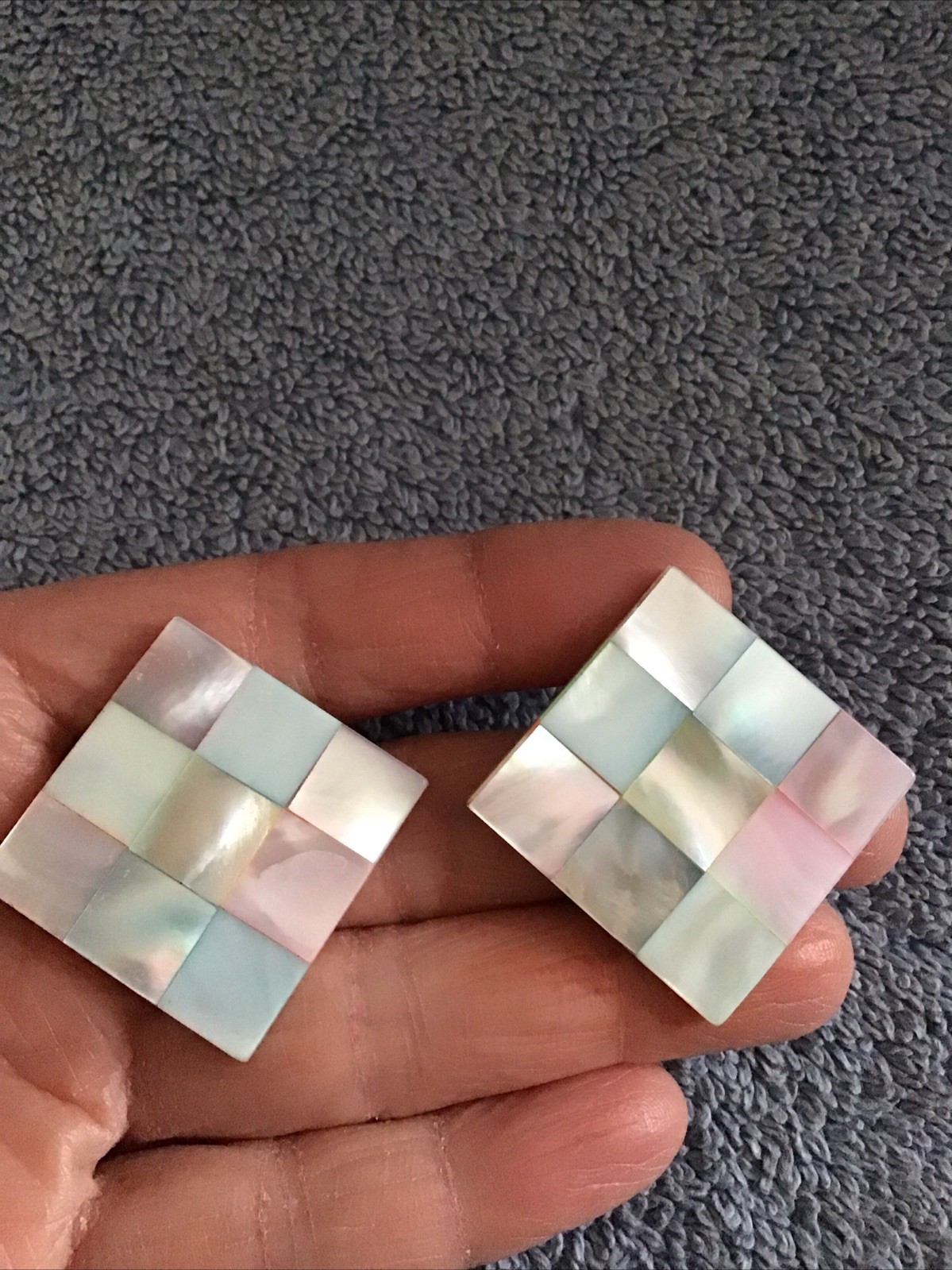 Vtg MOP Earrings Square Checkerboard Pink Blue Pastel Spring Retro