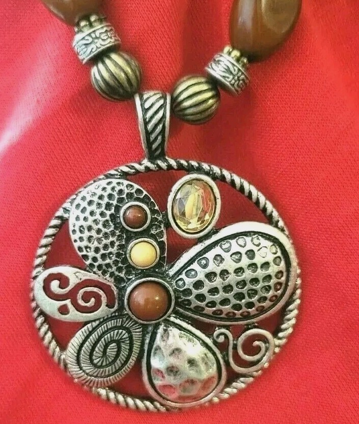 Art Nouveau Style Multi-color Beads Hammered Metal Necklace vtg Estate jewelry